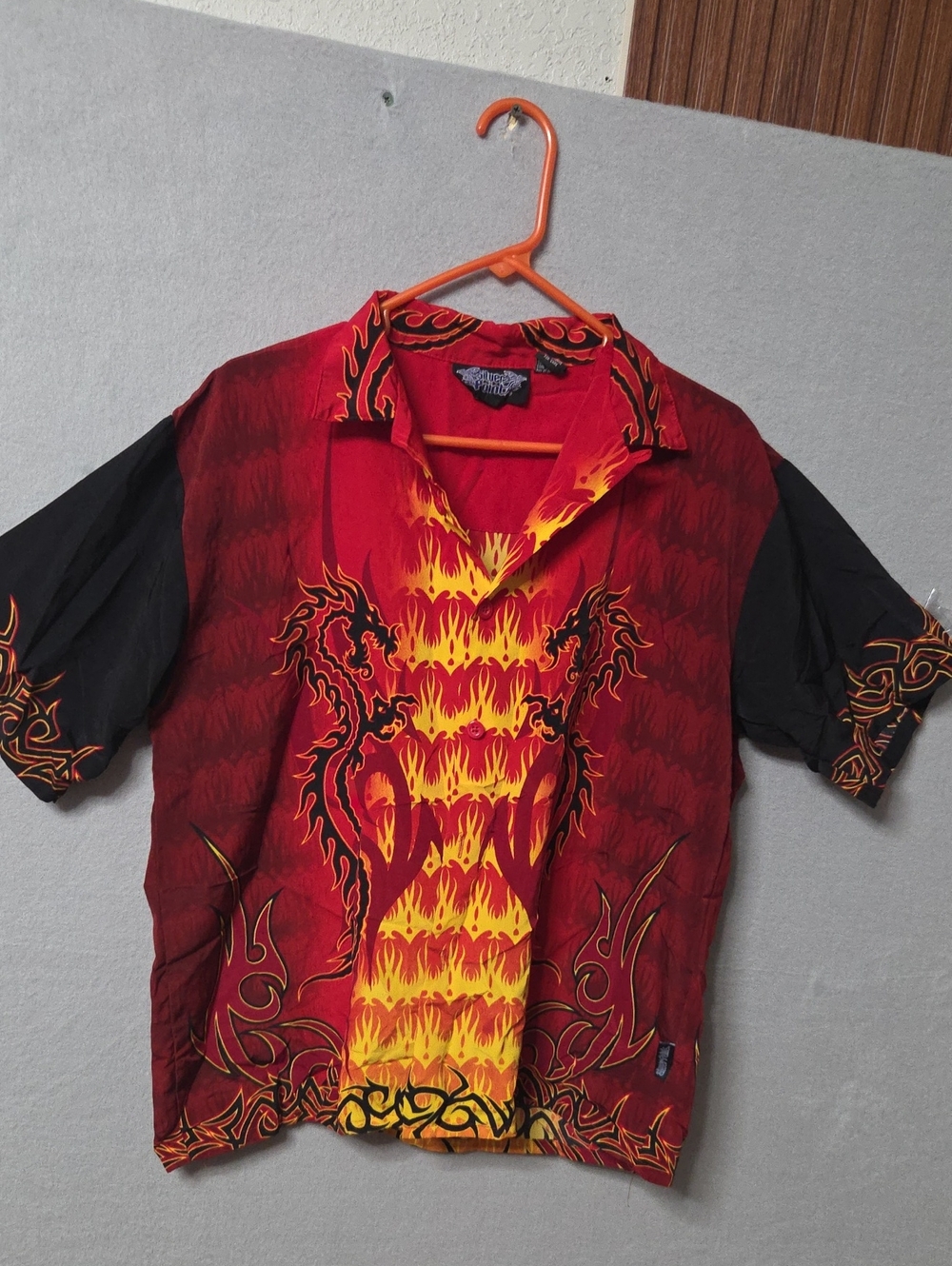 Vtg Y2K Silver Point Dragon Flame Button Up Shirt Medium Ricky Trailer Park Boys